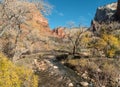 Trail in Zion National Park crosses the Virgin River Royalty Free Stock Photo