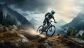 Trailblazer: Woman Mountain Biking Through Summer Forest Vistas. Generative ai