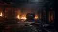 Abandoned Trailer In Burned Warehouse: A Cinematic Close-up Scene