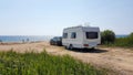 Trailer caravan car by the sea, holidays in the nature outdoor by the sea