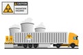 Trailer container for the transport of radioactive waste. Radioactive waste management. Warning Radioactive material. Industrial