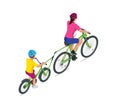 Trailer cycle or Bicycle attachment. Co-pilot bicycle mother and young son bicycling together on a tandem bike in the