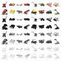 Trailer, dumper, tractor, loader and other equipment. Agricultural machinery set collection icons in cartoon style