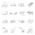 Trailer, dumper, tractor, loader and other equipment. Agricultural machinery set collection icons in line style vector