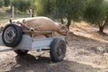 Trailer full of Sackcloth bags with olives. Olives harvesting in Crete, Greece. Harvest of fresh olives