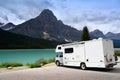 trailer by the lake. trip to the mountains. travel concept. trip by own transport or rented trailer Royalty Free Stock Photo