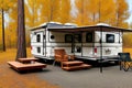 The trailer of the mobile home is camping in the fall, the concept of a family trip around the native country in a Royalty Free Stock Photo