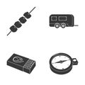 Trailer, shish kebab, matches, compass. Camping set collection icons in black style vector symbol stock illustration web Royalty Free Stock Photo