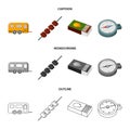 Trailer, shish kebab, matches, compass. Camping set collection icons in cartoon,outline,monochrome style vector symbol