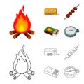 Trailer, shish kebab, matches, compass. Camping set collection icons in cartoon,outline style vector symbol stock