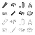 Trailer, shish kebab, matches, compass. Camping set collection icons in outline,monochrome style vector symbol stock