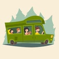 Trailer with traveling happy family. Camping trailer family caravan/caravan mobil home on trip Royalty Free Stock Photo