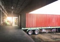 Trailer Trucks Parked Loading at Dock Warehouse. Shipping Warehouse Logistics.Cargo Shipment. Industry Freight Truck Transport. Royalty Free Stock Photo