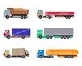 Trailer trucks side view icon set isolated on white. Commercial lorry truck with container, dump truck, garbage truck Royalty Free Stock Photo