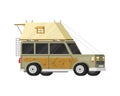 Trailers or family RV camping caravan. Tourist bus and tent for outdoor recreation and travel. Mobile home truck. Suv