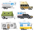 Trailers or family RV camping caravan. Tourist bus and tent for outdoor recreation and travel. Mobile home truck. Suv