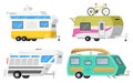 Trailers or family RV camping caravan. Tourist bus and tent for outdoor recreation and travel. Mobile home truck. Suv