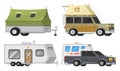 Trailers or family RV camping caravan. Tourist bus and tent for outdoor recreation and travel. Mobile home truck. Suv