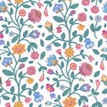 Trailing multicoloured floral seamless pattern on white background. Indian floral style pattern.