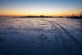Trails on the surface of frozen lake. Winter Landscape Royalty Free Stock Photo