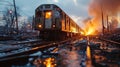 Train accident with fire in the city at night Royalty Free Stock Photo