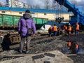 Train accident. Railway workers liquidate the emergency. Royalty Free Stock Photo