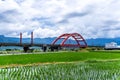 A train across a m-type Red Bridge on the lush paddy fields, is Taiwan sight in East on August 14 2018 in Hualien, Taiwan