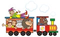 Train and animals, postcard for children, humorous vector illustration