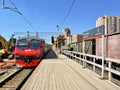 Balashikha, Moscow region, Russia, June 19, 2021. The train arrives at the platform of the railway station Balashikha. Russia, Mos