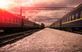 Train arrives at the station with trains at red sunset