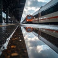 Train Arriving at a Rainy Station Platform Royalty Free Stock Photo