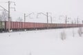 The train is available in winter. Wagons on the snow-covered road. Railway in winter. Royalty Free Stock Photo