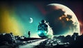 Train on the background of the planet and the moon. 3d rendering Royalty Free Stock Photo