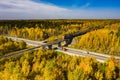 Train in beautiful forest in autumn. Aerial view. Train on bridge. Royalty Free Stock Photo
