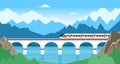 Train on bridge landscape. Electric railway in mountain, travel and adventures. Fast transportation on modern railroad