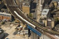 Train on a bridge in London, tilt-shift effect