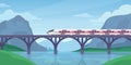 Train on bridge. Mountain landscape with speed electric train on railway. Fast railroad transport. Traveling adventure