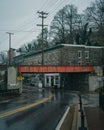 Train bridge over Main Street on a rainy morning, Ellicott City, Maryland Royalty Free Stock Photo