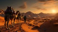 A train of camels, led by travelers, makes its way across the vast sandy expanse,