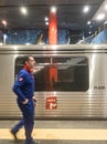 train carriage stopped at the underground station of the metro de Chelas, subway employee in uniform in plain view. Lisbon