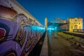 train carriages on the left at the old train station in the city of Barreiro at night Royalty Free Stock Photo