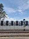 Train cars stacked together in Purwakarta, Indonesia