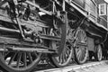 Train close up. Wheels of the train. The old train. Black and white photo Royalty Free Stock Photo