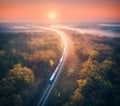 Train in colorful forest in fog at sunrise in autumn. Aerial view Royalty Free Stock Photo