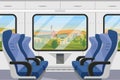 Train compartment inside interior, empty railway car with comfortable passengers seats Royalty Free Stock Photo