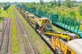 Train composition of special purpose for laying gravel and rail, railway construction Royalty Free Stock Photo