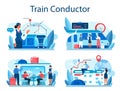 Train conductor set. Railway worker in uniform on duty. Train attendant