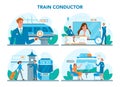 Train conductor set. Railway worker in uniform on duty. Train attendant