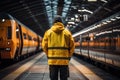 Train conductor standing on the peron wearing a yellow High-vis jacket