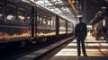 Train conductor waits on platform for next departure.AI Generated Royalty Free Stock Photo